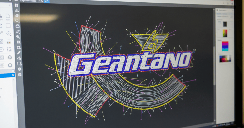 Digitizing software showing stitch nodes and path directions for a logo