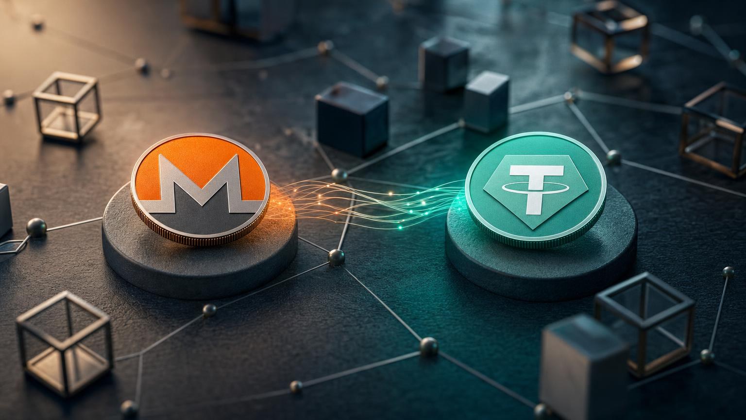 A Monero-to-USDT exchange flow showing an XMR deposit address, blockchain confirmations, network selection, and USDT payout verification