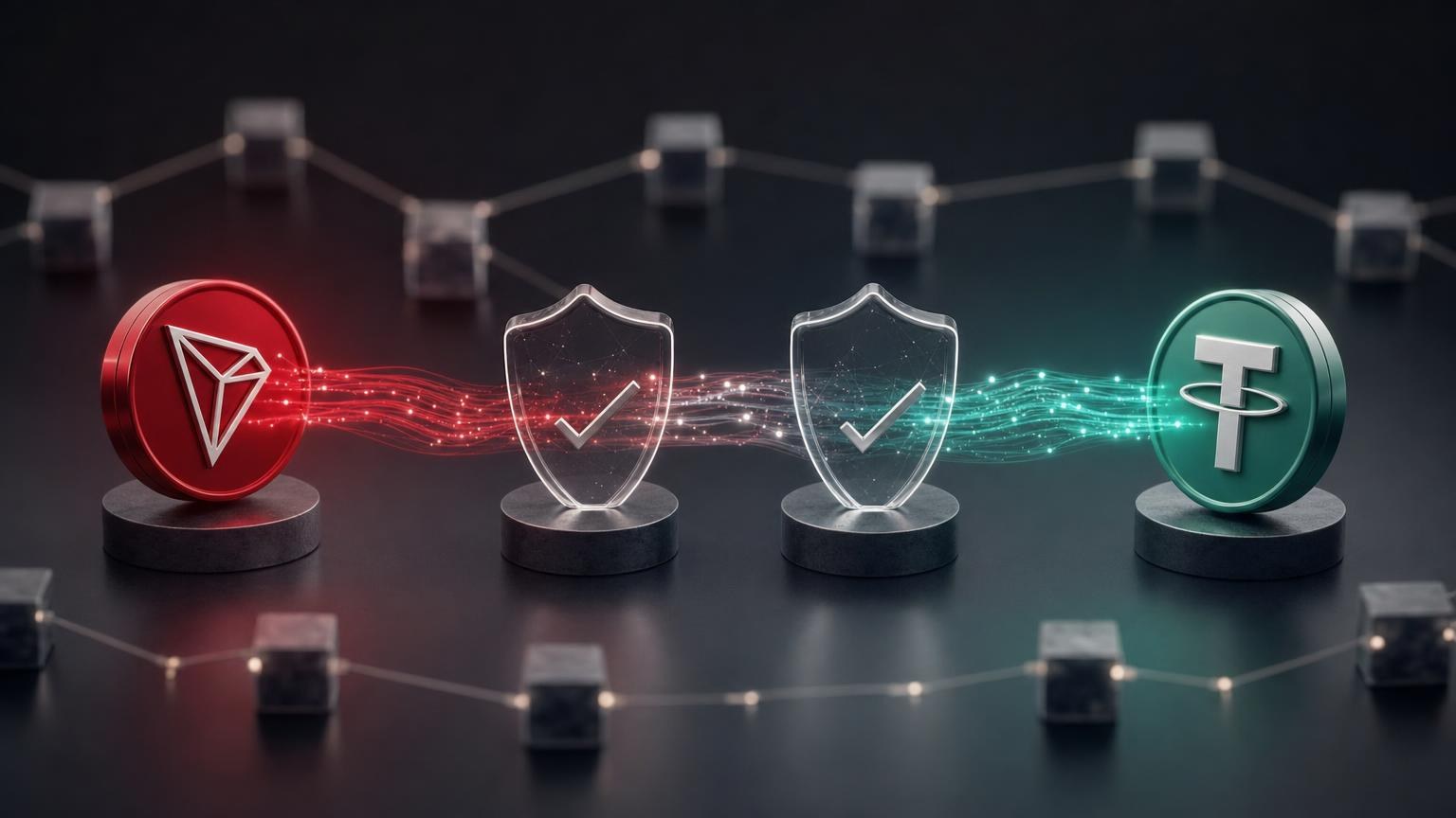 TRX-to-USDT exchange details being checked against a TRON wallet and blockchain explorer before a transaction is sent