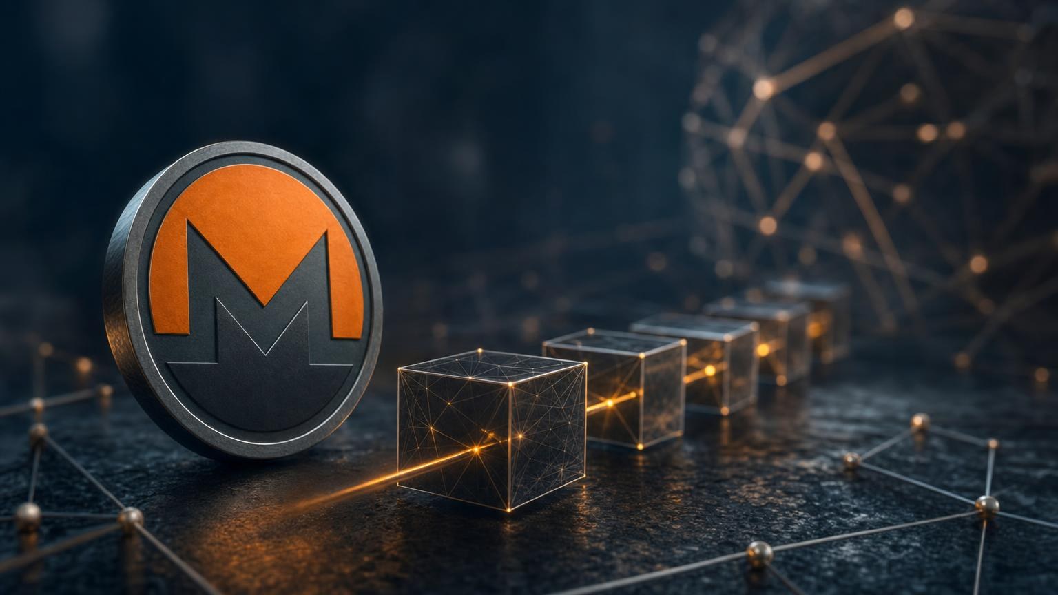 A Monero transaction moving through the blockchain from an XMR wallet to an exchange deposit after the required confirmations